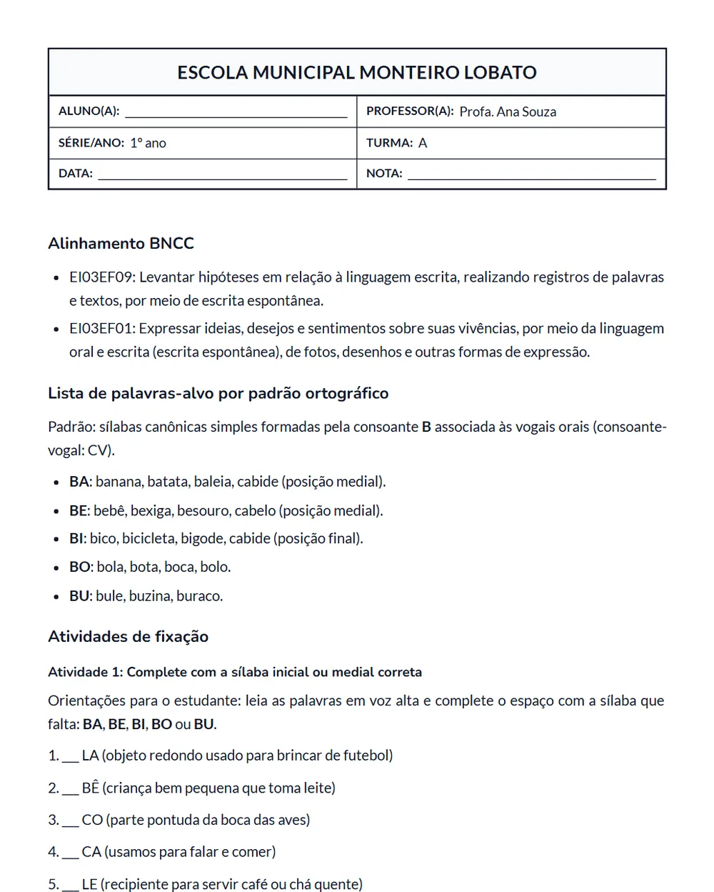Material gerado pela Pedagogix: Atividade de alfabetização: sílabas BA, BE, BI, BO, BU (1º ano)