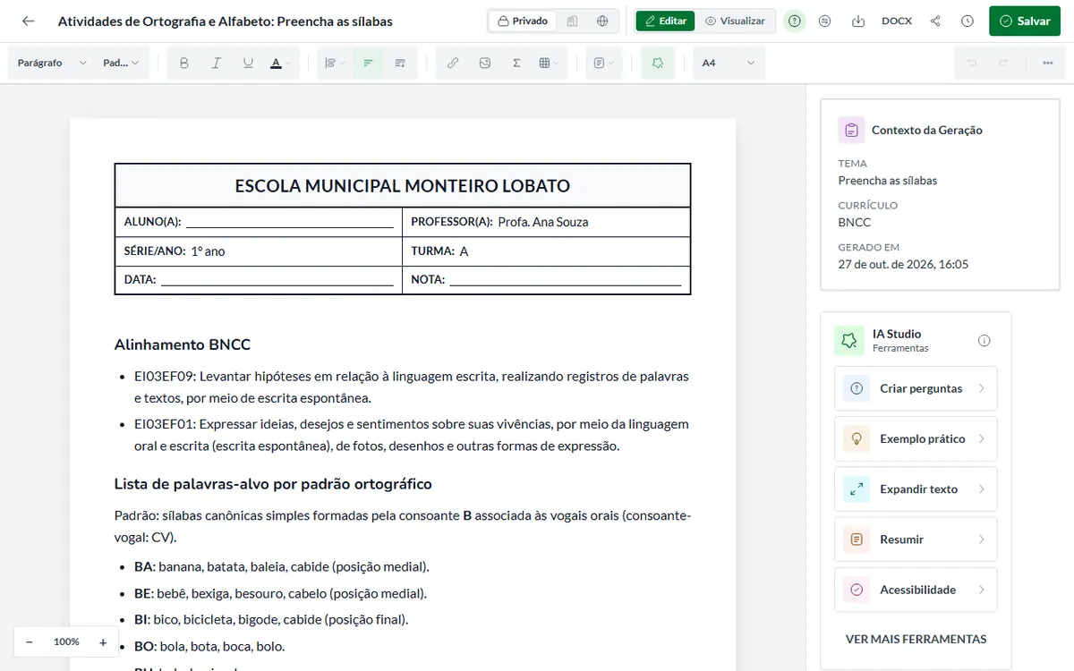 Editor da Pedagogix com o material aberto