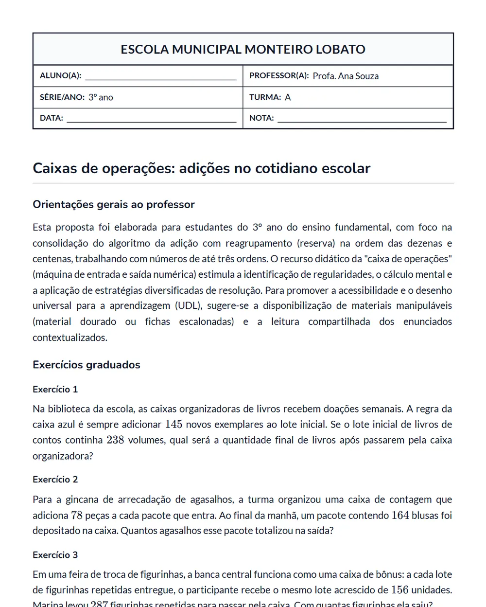 Material gerado pela Pedagogix: Atividade de matemática: adição e subtração com reagrupamento (3º ano)