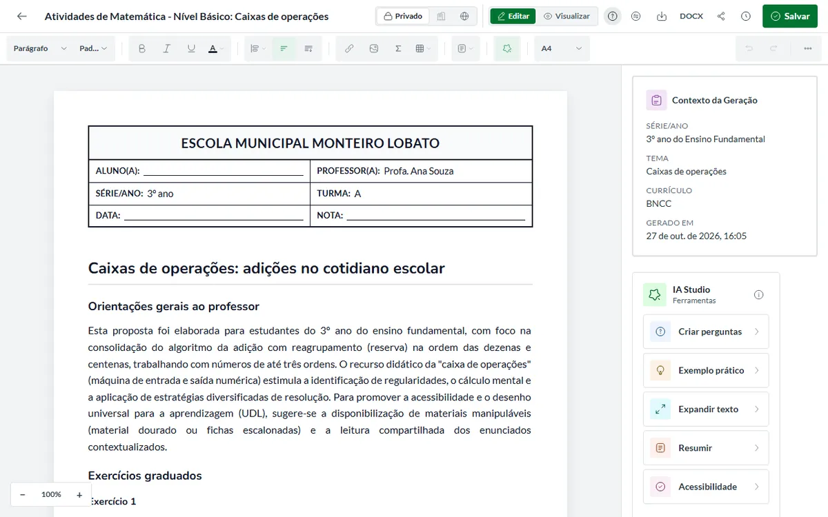 Editor da Pedagogix com o material aberto