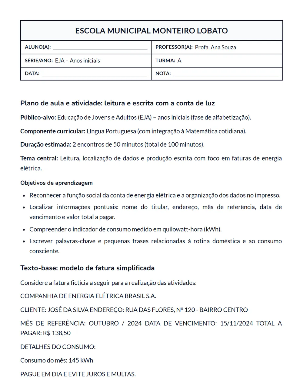 Material gerado pela Pedagogix: Atividade para EJA gerada