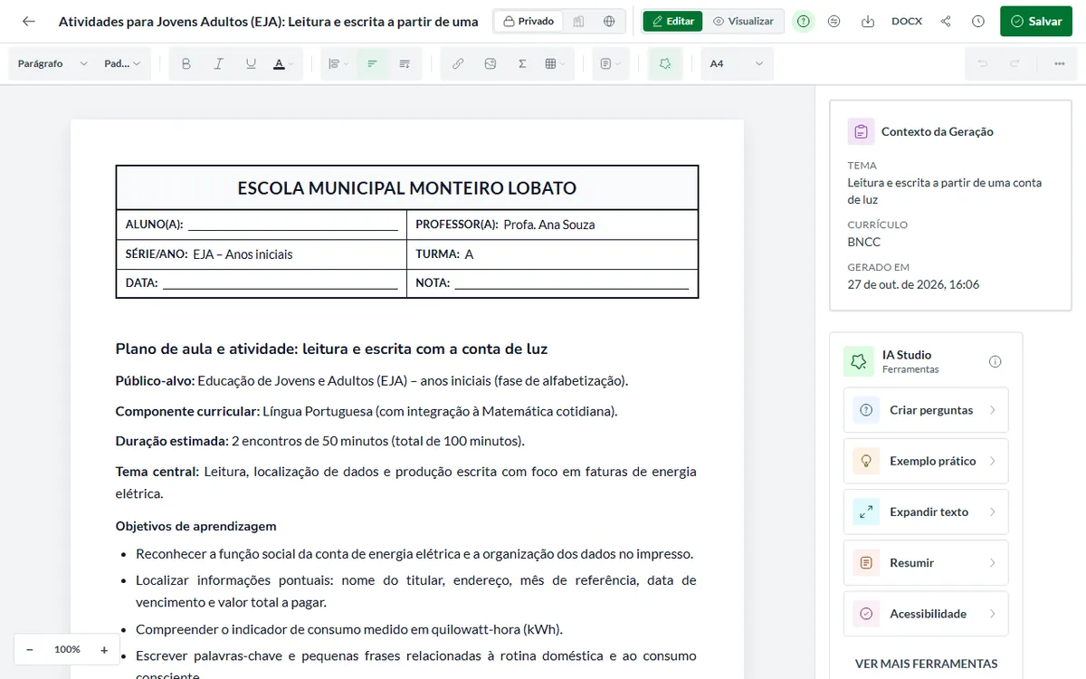 Editor da Pedagogix com o material aberto