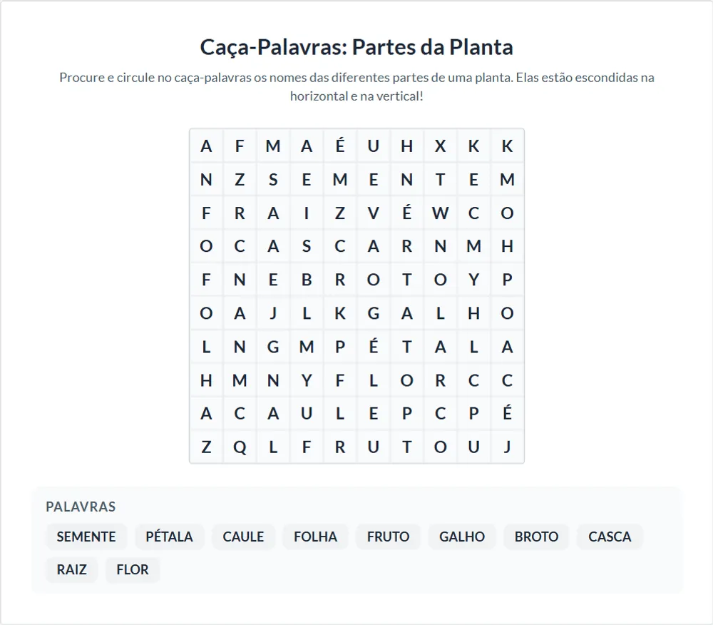 Material gerado pela Pedagogix: Caça-palavras: partes da planta (3º ano)