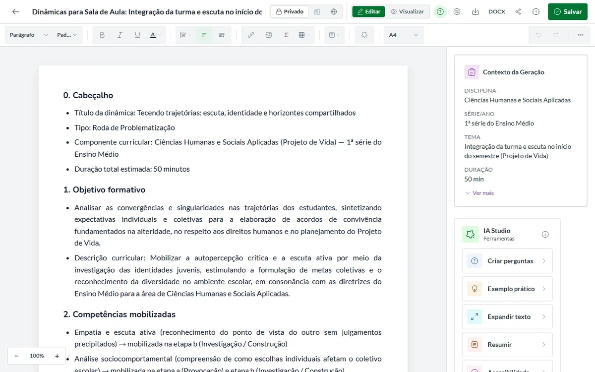 Editor da Pedagogix com o material aberto
