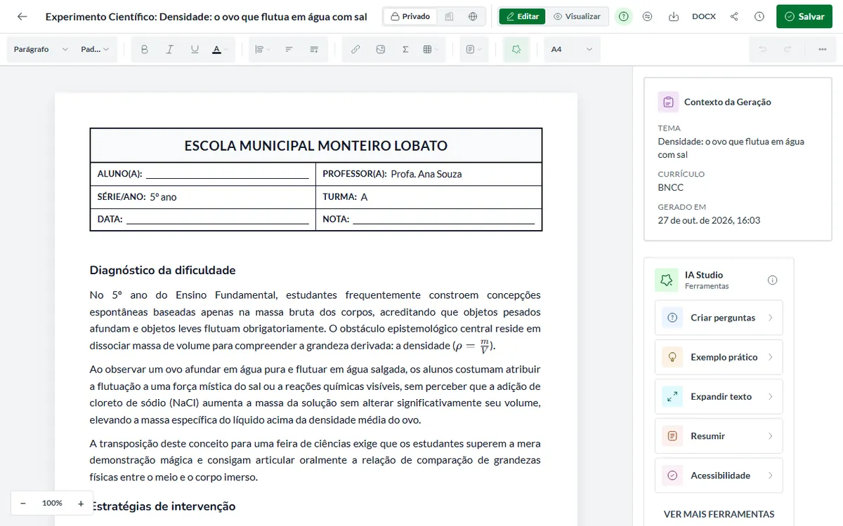 Editor da Pedagogix com o material aberto