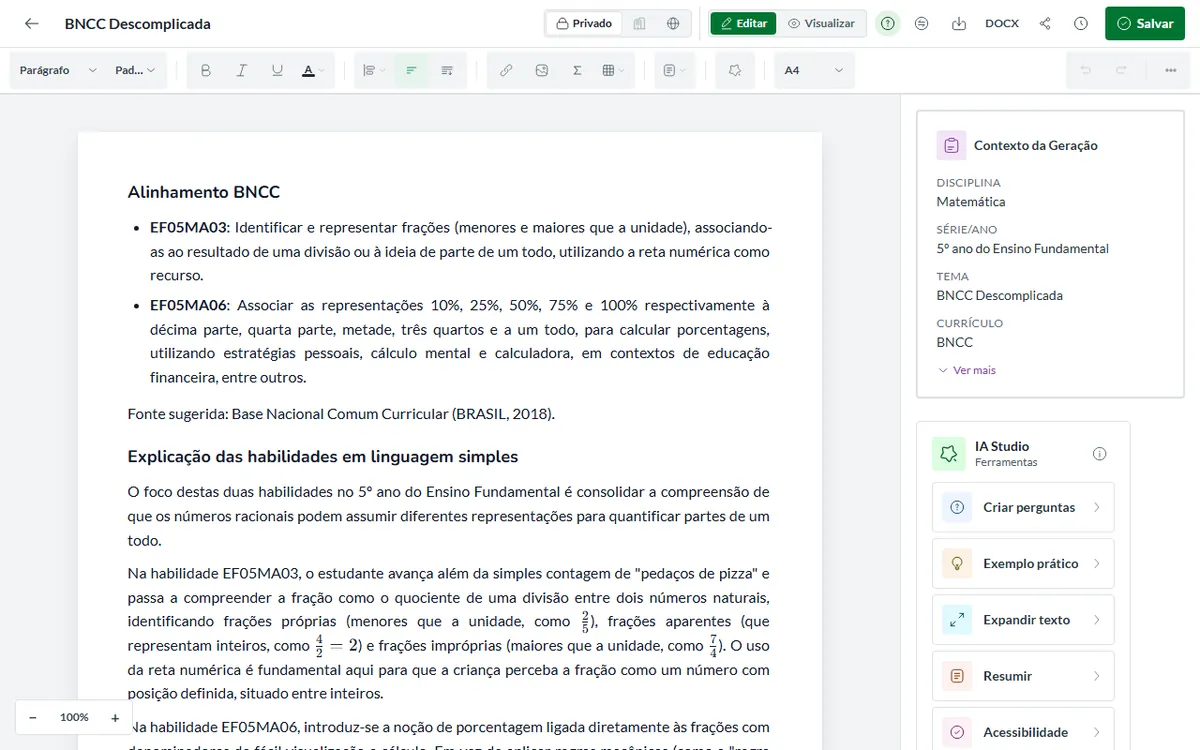Editor da Pedagogix com o material aberto