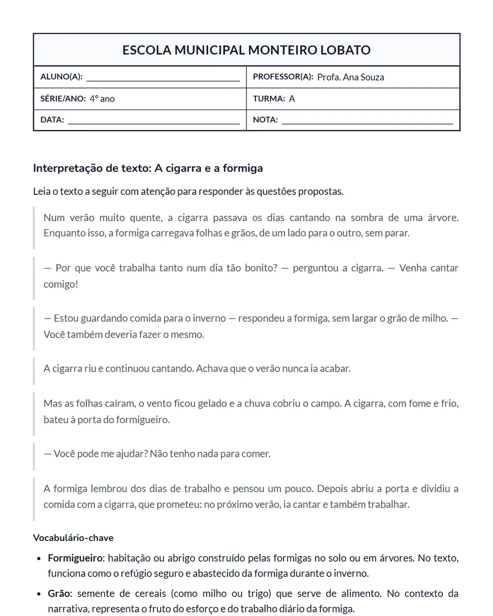 Material gerado pela Pedagogix: Questões de interpretação: A cigarra e a formiga (4º ano)