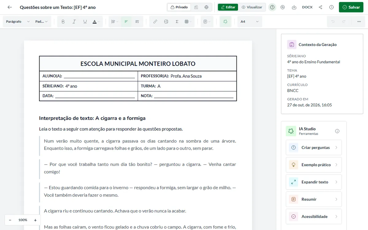 Editor da Pedagogix com o material aberto