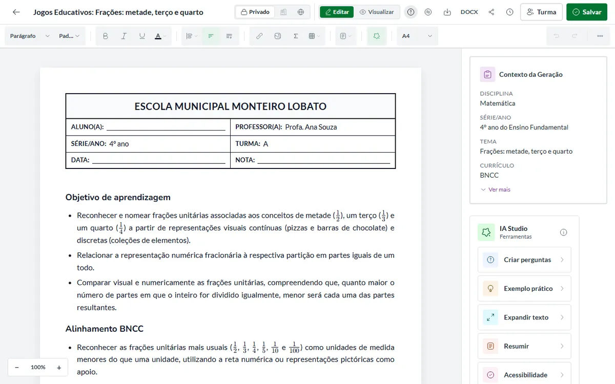 Editor da Pedagogix com o material aberto
