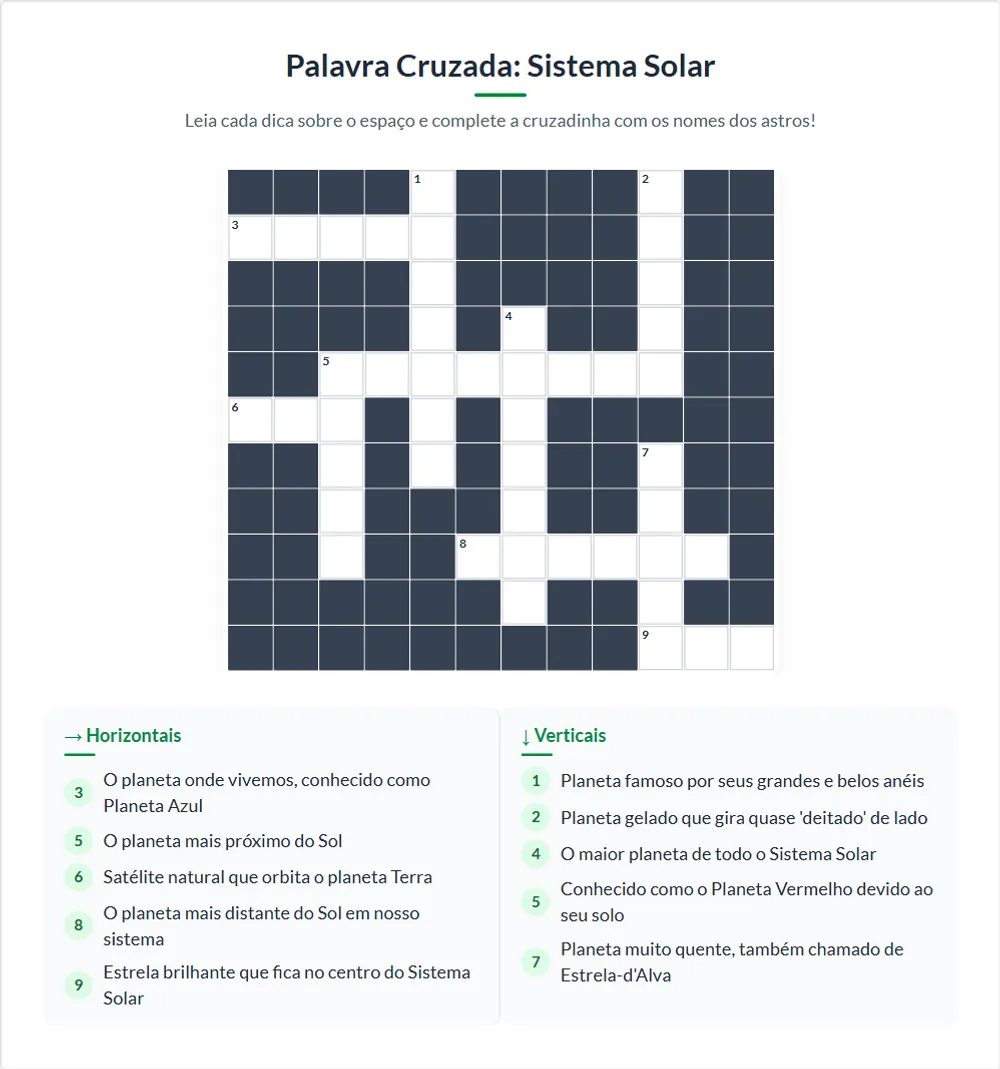 Material gerado pela Pedagogix: Palavra cruzada gerada