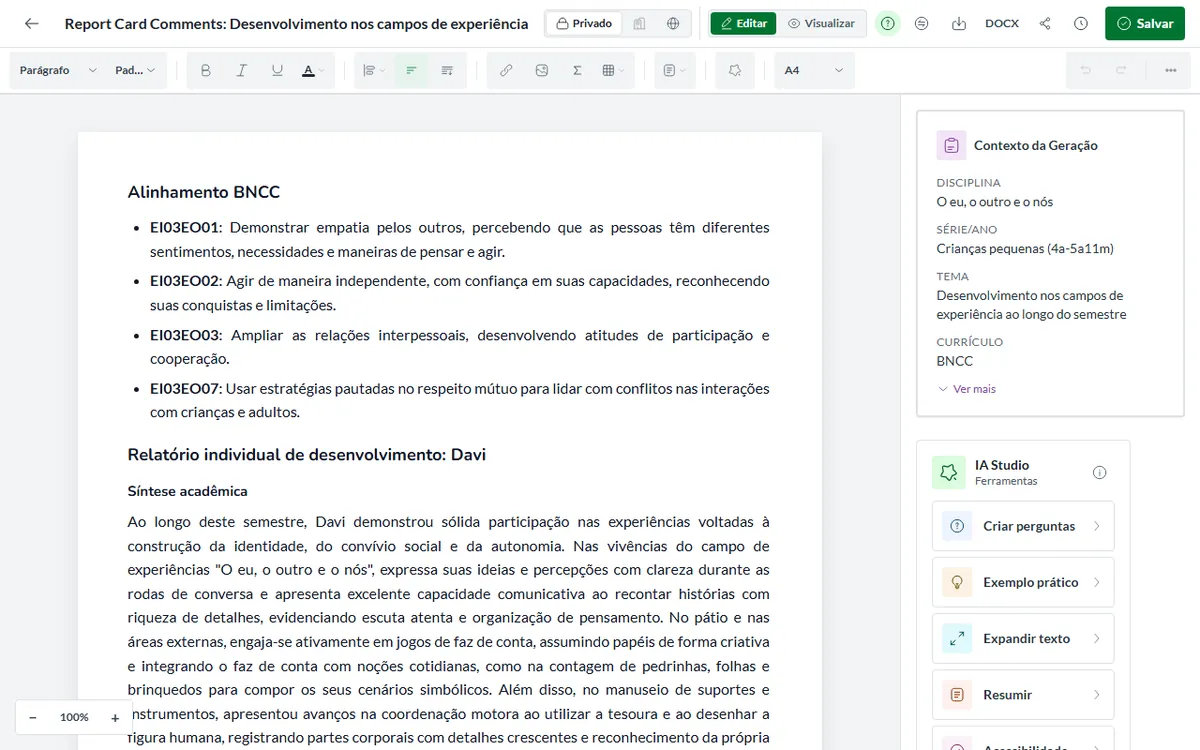 Editor da Pedagogix com o material aberto