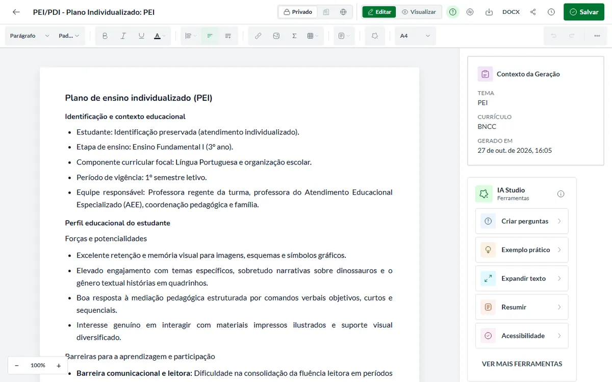 Editor da Pedagogix com o material aberto