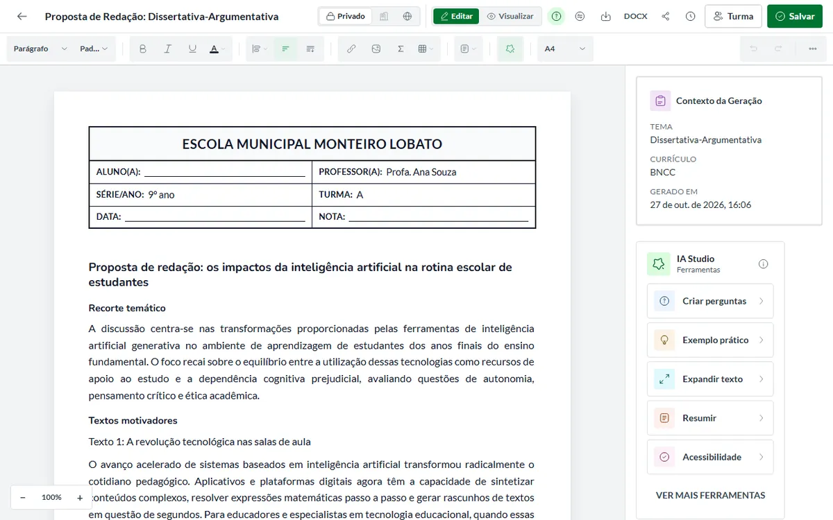 Editor da Pedagogix com o material aberto
