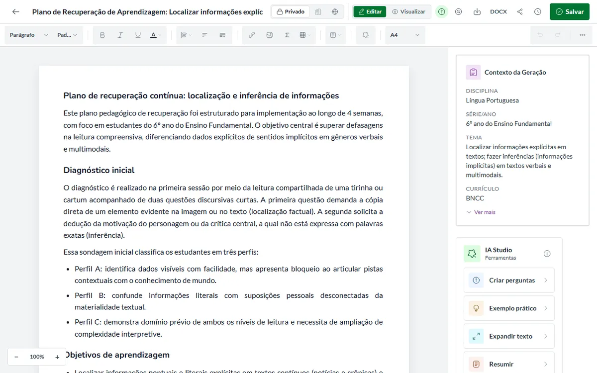 Editor da Pedagogix com o material aberto